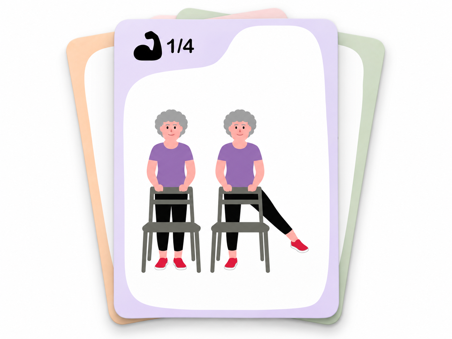 Carte 1-E1 : écarter la jambe avec appui, au premier plan ; quelques cartes pastel en éventail dessous.