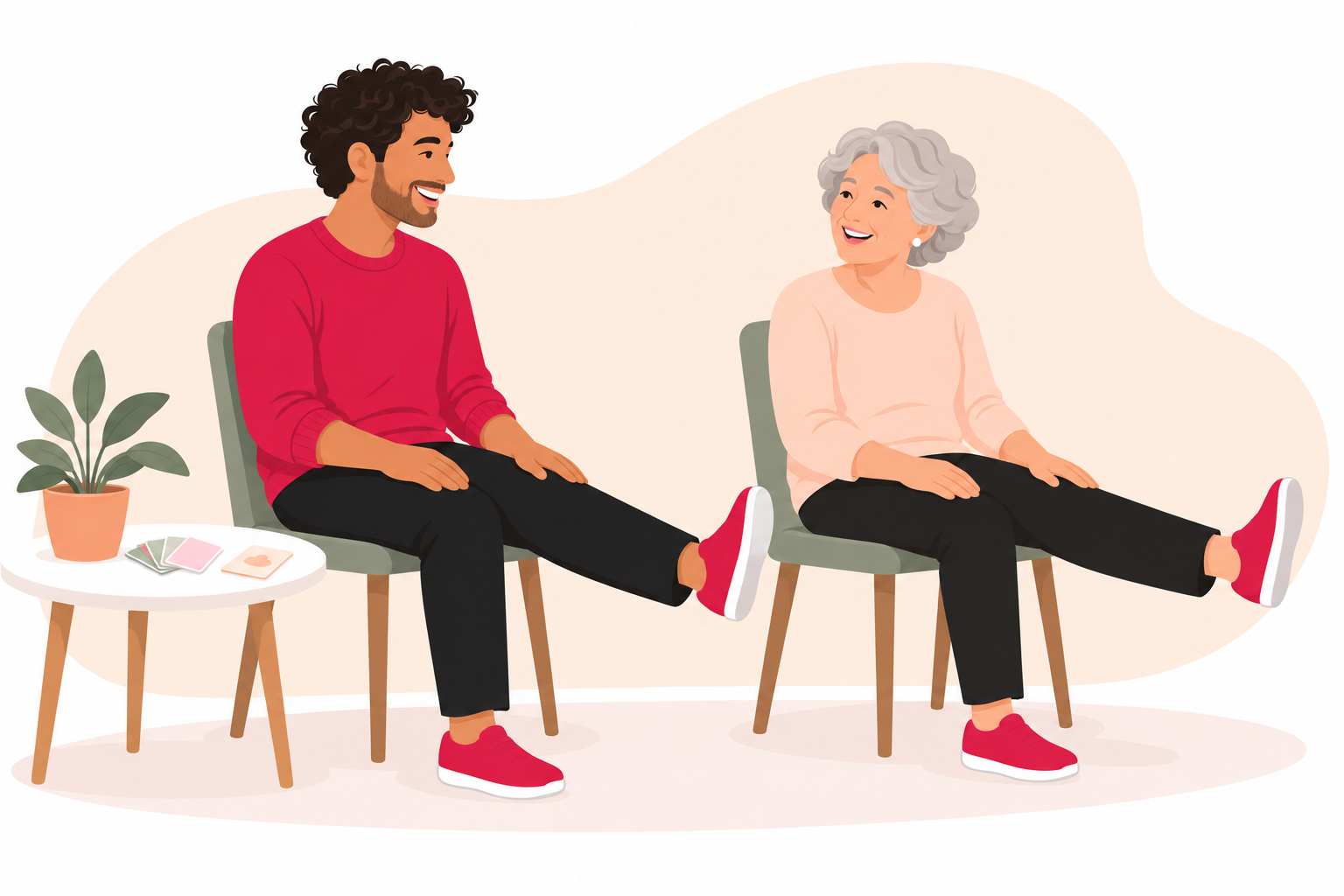 Une grand-mère et un jeune adulte pratiquent ensemble le mouvement de la jambe, assis.