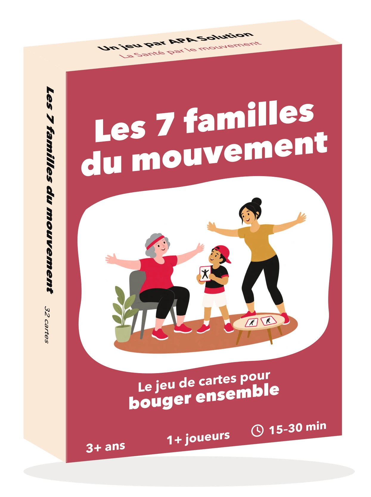 Boîte du jeu Les 7 familles du mouvement : face avant rouge, dessus et tranche crème, scène intergénérationnelle sur fond blanc.